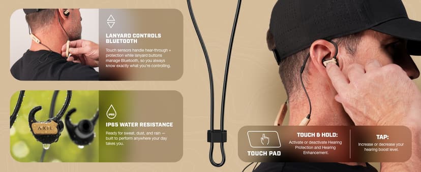 AXIL GS Extreme 3.0 Shooting Ear Protection – Desert Tan - Hearing Enhancement & Noise Isolation Bluetooth Earbuds – 5X Hearing Protection for Shooting, Travel, Work and Concerts