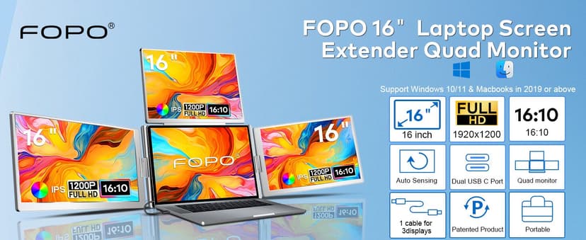 16" Laptop Screen Extender Monitor Portable, Quad Monitor, Just 1 Cable for 3 Screens, FHD 1200P IPS Laptop Extender Compatible with Wins/Mac for 13.6" - 18.5" Laptops