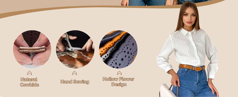 JASGOOD Women's Hollow Flower Genuine Leather Belt for Jeans Pants Wide Belt for Ladies