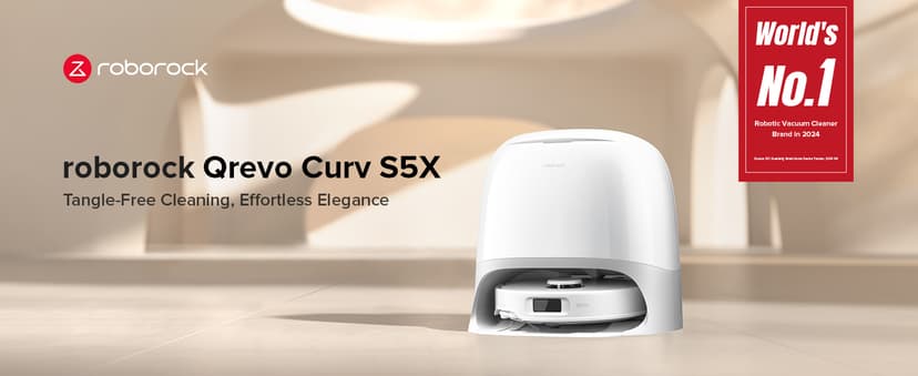 roborock Qrevo Curv S5X Robot Vacuum and Mop, 18500Pa Suction, Zero-Tangling Design, FlexiArm Side Brush, Reactive Tech Obstacle Avoidance, 10 Weeks Self-Emptying, Auto Washing for Hard Floor, Corner