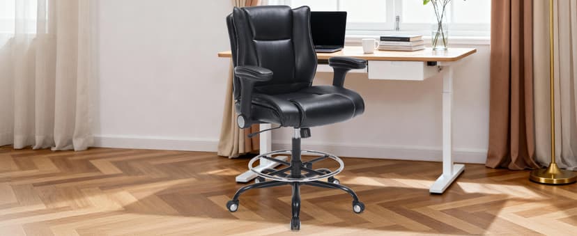 Office Drafting Chair, Tall Desk Chair with Adjustable Armrests and Footrest Ring PU Leather Standing Desk Chair with Extra Thicken Seat Cushion, Comfy High Office Chair for Counter Height Desk, Black