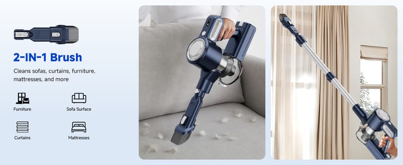 Cordless Vacuum Cleaner, Powerful Suction Vacuum Cleaners for Home, Anti-Tangle Pet Hair Brush, Lightweight, Self-Standing, Green LED Headlight, 6-in-1 Stick Vacuum for Carpet Hardwood Floor-Dark Blue