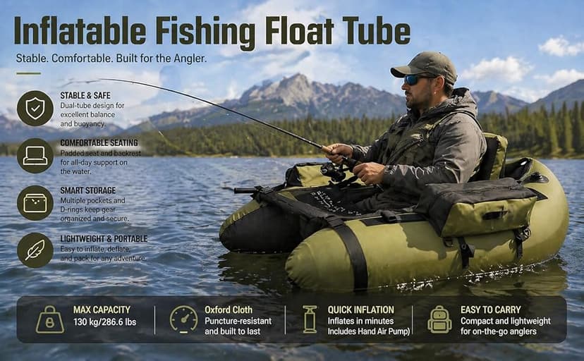 Inflatable Fishing Float Tube, Fishing Belly Boat with Boat Oar, Pump, Storage Bag, Adjustable Straps, Fishing Float Tube for Angling, 286.6LBS Load Capacity