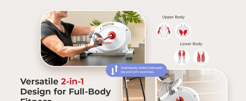 Sunny Health & Fitness Smart Under-Desk Bike Exerciser, Low-Impact Cardio Cycling Equipment for Home/Office, Mini Paddler for Arm/Leg Mobility Training, Free SunnyFit App Connect, Optional Motorized