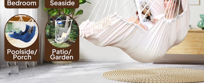 Chihee Hammock Chair Hanging Chair with Foot Rest 2 Cushions Max 500lbs Robust Metal Spreader Bar Collapsible Easy Storage Soft Cotton Swing Chair Strong Strap Iron Carabiner Side Pocket Included