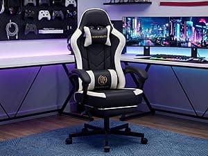 Gaming Chair Breathable Leather with Pocket Spring Cushion, Wide and High Ergonomic Office Chair with Headrest, Computer Gaming Chair with Footrest for Adult and Teen (Beige Leather)