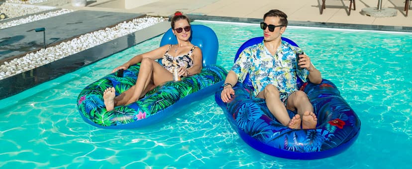 FindUWill Pool Floats Chairs Adult - 2 Pack 65'' x 42'' Large Pool Float Chairs, Inflatable Pool Lounger with Cup Phone Holder, Backrest, Footrest, Tanning Pool Lounge
