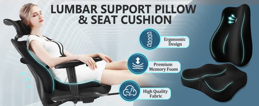 Seat Cushion & Lumbar Support Pillow for Office Chair,Memory Foam Chair Cushions for Tailbone Pain, Non-Slip Back Support for Desk,Gaming Chair,Wheelchair, Breathable & Machine Washable