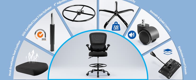 TRALT Drafting Chair - Tall Office Chair for Standing Desk - High Office Chair with Adjustable Footrest Ring Lumbar Support - Tall Office Chairs for Home Office with Flip-Up Armrests (Black)