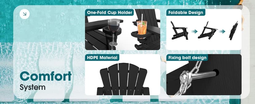 THOEOE Folding Adirondack Chair,HDPE All-Weather Outdoor Chair with Cup Holder,Wooden Textured,Fire Pit Chair,Plastic Patio Chair for Deck,Backyard,Garden,Lawn, Black