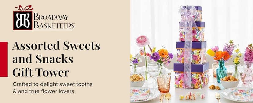 Broadway Basketeers Gift Basket Tower Snack Gifts for Women, Men, Families, College – Delivery for Birthday, Appreciation, Thank You, Get Well Soon Care Package