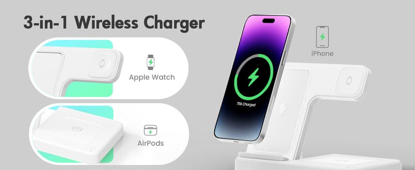 Wireless Charger Stand Charging Station: 3 in 1 Charger Stand Multiple Devices for Apple - iPhone 17 16e 16 15 14 Pro Max 13 12 - Watch 11 10 9 8 7 6 5 4 3 2 SE and Ultra Series-Airpods 4 3 Pro, White
