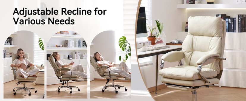 LEAGOO Office Chair with Foot Rest, Ergonomic Executive Office Chair with Arms, Reclining High Back PU Leather Comfy Swivel Computer Desk Chairs with Wheels and Lumbar Support for Home Office, Cream