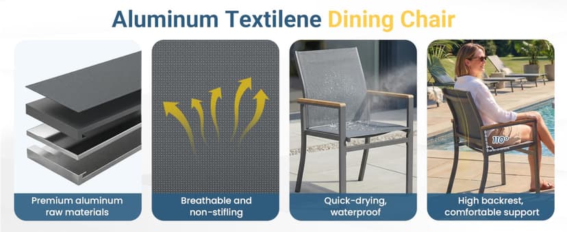 5-Pieces Aluminum Patio Table and Chairs for All-Weather, Patio Table Set with Heavy Duty HDPS Rectangular Table, Outdoor Patio Dining Furniture Set with Breathable Quick-Drying Textilene Chairs