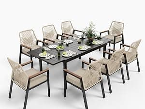 MIXPATIO 7 Pieces Round Outdoor Dining Set for 6, Patio Dining Set Wicker Rattan Chairs with Soft Cushion and 54" Round Table with Umbrella Hole, Round Patio Table and Chairs for Backyard Porch