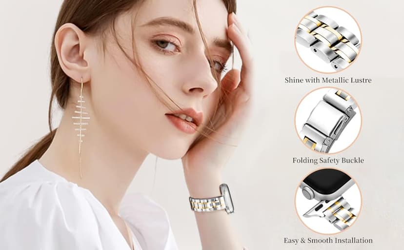 Slim Metal Band for Apple Watch Bands for Women 41mm 40mm 42mm(S10/11) 38mm iWatch Bands, Thin Dressy Fancy Strap for Apple Watch Band Series 10 11 Series 9 8 SE 7 6 5 4 3-Starlight+Rose Gold