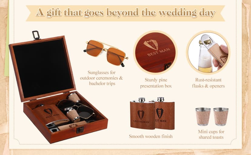 Complete Proposal Gift Set, Box, Flasks, Sunglasses, Funnel, Bottle Opener, Wooden Cups, Bachelor Party Favor 42 Pcs Groomsmen Gifts Set of 6 Wedding Best Man Gift, Brown B0G6ZNR6MC