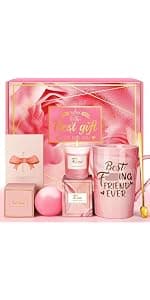 Birthday Gifts for Women, Mom, Sister, Friend: Unique Pink Self Care Spa Relaxation Baskets Set, Christmas, Holiday, Valentines Day Presents for Her, Girlfriend, Grandma, Wife, Bestie, Coworkers