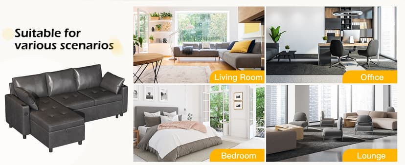 JFHID Leather Sleeper Sofa Couch with Pullout Bed, 80'' Sofa Bed with Storage Chaise, Pull Out Couch with USB&Cup Holders, L-Shaped Convertible Couches for Living Room-Faux Leather, Black