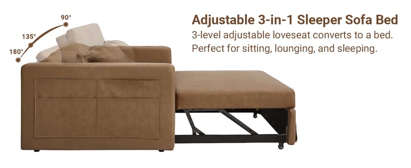 N NOORDENIYA 55'' Leather Sofa Bed, Pull Out Sleeper Sofa Couch Bed, Loveseat Sleeper, Futon Sofa Couch with Side Pocket, Convertible Sofa Bed for Living Room, Apartment, Bedroom, RV, Brown