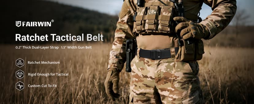 FAIRWIN Tactical Gun Belt, Ratchet CCW EDC Stiff Heavy Duty Work 1.5" Battle Concealed Carry Rigid Patented Nylon Men Belts