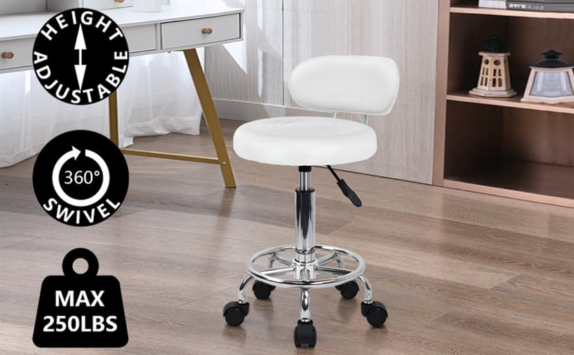 KKTONER PU Leather Modern Rolling Stool with Low Back Height Adjustable Work Salon Drafting Swivel Task Chair with Footrest (White)