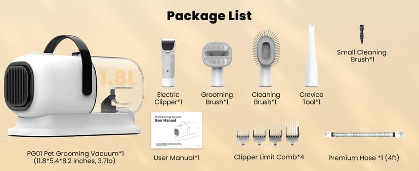 FIXR Dog Grooming Vacuum, All-in-One Pet Grooming Kit with Hair Clipper & Shedding Brush, Low Noise 12,000Pa Dog Hair Remover Vacuum, Pet Groomer Set with Cleaning Brushes, PG01