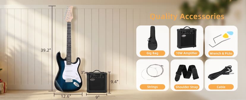 ZENY 39" Full Size Electric Guitar with Amp, Case and Accessories Pack Beginner Starter Package, Blue Ideal Christmas Thanksgiving Holiday Gift