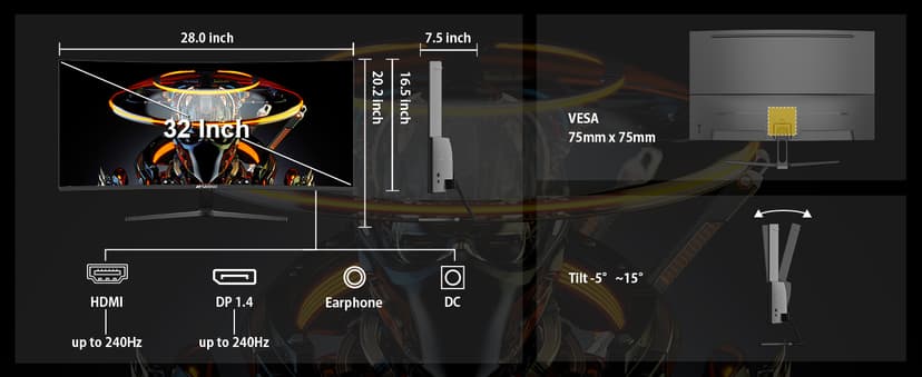 SANSUI 32 Inch Curved 240Hz Gaming Monitor High Refresh Rate, FHD 1080P Gaming PC Monitor HDMI DP1.4, Curved 1500R, 1Ms MPRT, HDR,Metal Stand,VESA Compatible(DP Cable Incl.)