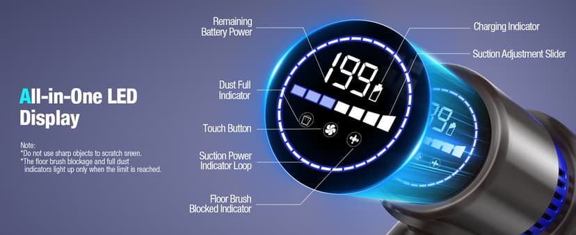 Cordless Vacuum Cleaner, 550W 45KPA 50Min Vacuum Cleaners for Home, Self-Standing Stick Vacuum with Touch Screen, 3 Power Modes, Rechargeable Battery, Handheld Vacuum for Pet Hair/Carpet/Floor