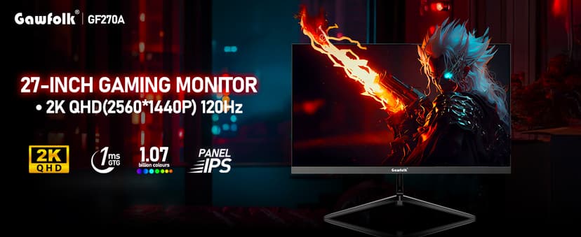 Gawfolk 27 Inch Gaming Monitor IPS 120Hz, QHD 2560 * 1440p PC Monitors, Computer Screen for Home & Office, Support HDMI & DP, Wall Mount Compatible 75 * 75mm, Black