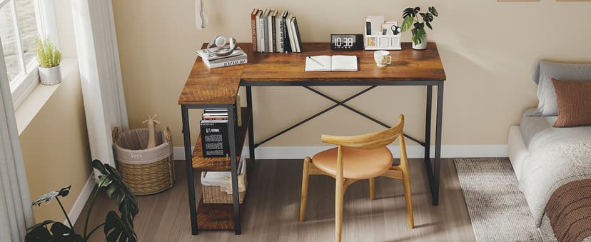DUMOS L Shaped Desk 47 Inch Computer Desk Gaming Furniture Corner Desks Home Office PC Table with Reversible Storage Shelves for Writing Working Study Bedroom Dorm, Rustic Brown