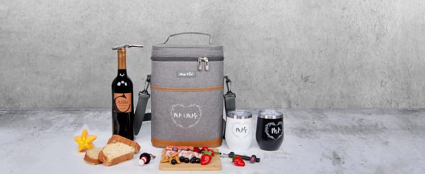 Hap Tim Wedding Gifts for Couples, Bridal Shower Gifts, Engagement Gifts for Newlyweds, Mr and Mrs gifts - Wine Cooler Bag Insulated Wine Carrier Tote with Tumblers, Bamboo Cheese Borad B0D8DR2S84
