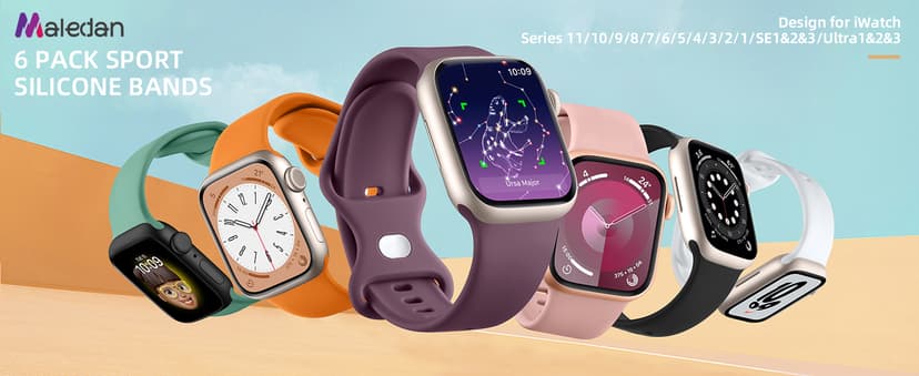 Maledan 6 Pack Bands Compatible for Apple Watch Band 38mm 40mm 41mm 42mm 44mm 45mm 46mm 49mm Women Men, Soft Silicone Sport Band Strap for iWatch Apple Watch Series 11 10 9 8 7 6 5 4 3 2 1 SE Ultra