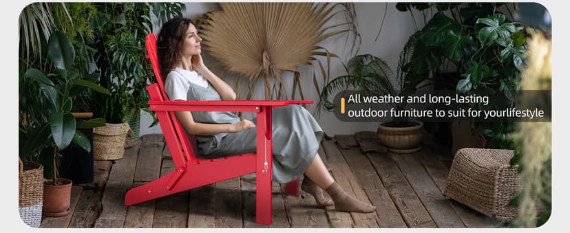 BUPPLEE Folding Adirondack Chair, 450 LBS Heavy Duty HDPE Poly Lumber Fire Pit Chair for Outside, All-Weather Resistant Plastic Adirondack Chairs for Patio, Garden, Deck & Backyard, Red