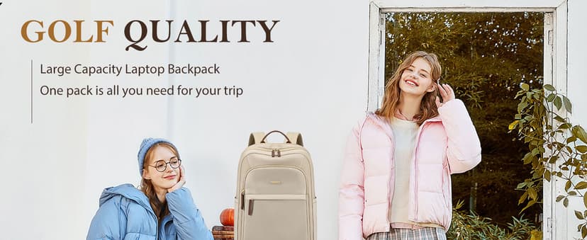 GOLF QUALITY Travel Backpack for Women Personal Carry On Bag Business Weekender Hiking Multilayer Laptop Bag,16 Inch,Apricot