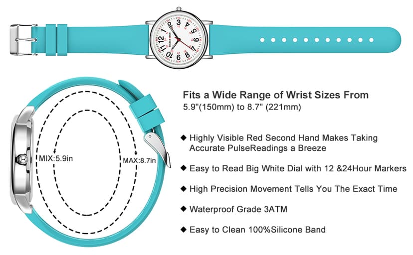 GOLDEN HOUR Waterproof Nurse Watch for Medical Professionals, Students Women Men - Military Time Luminouse Easy Read Dial, 24 Hour with Second Hand, Colorful Silicone Band