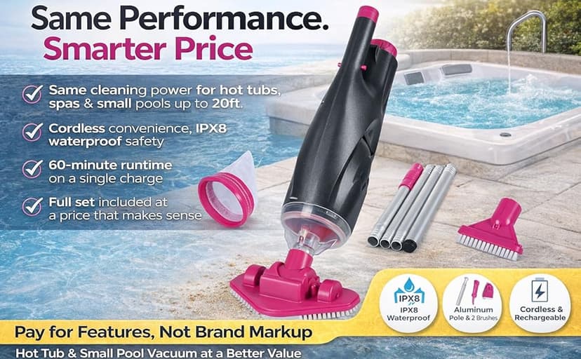 Rechargeable Handheld Hot Tub Spa Pool Vacuum, Cordless & Waterproof IPX8, 60-Min Runtime, 2 Brush Heads, Spot Cleaner for Spas & Small Pools up to 20ft (Dyson-Style Gray)