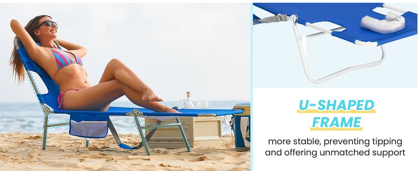 #WEJOY Folding Tanning Chair with Face Hole, 5 Positions Face Down Beach Lounge Chairs with Pillow for Outside Sunbathing Poolside (Blue/White)