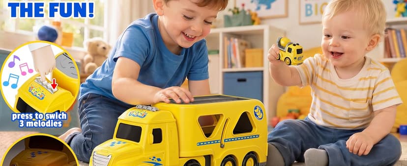 Transport Carrier Vehicle Toddler Toy with Light & Music, Excavator Dump Truck Bus Kids Gift for Boys and Girls (Yellow) Funwee 7-in-1 Construction Truck Toy w/ 6 Pull Back Cars & Track, Ages 1-5+ B0H9RSRFL7