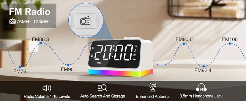 JALL Digital Alarm Clock with FM Radio for Bedroom, 8 Colors Night Light with 2 Charging Port, Sleep Sound Machines with Timer, Dual Alarm, Loud Alarm and Easy to Use for Seniors and Kids as Gift