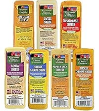 Wisconsin Cheese Company - Specialty 100% Wisconsin Cheese Block Assortment Sampler - (Pack of 7 Blocks) Cheddar, Pepper Jack, Swiss, Gouda, Salami, Smoked Cheddar & Tomato Basil | Locally Sourced | Perfect for Parties, Charcuterie Boards and Birthday Gifts | Great Birthday Gift for Cheese Lovers