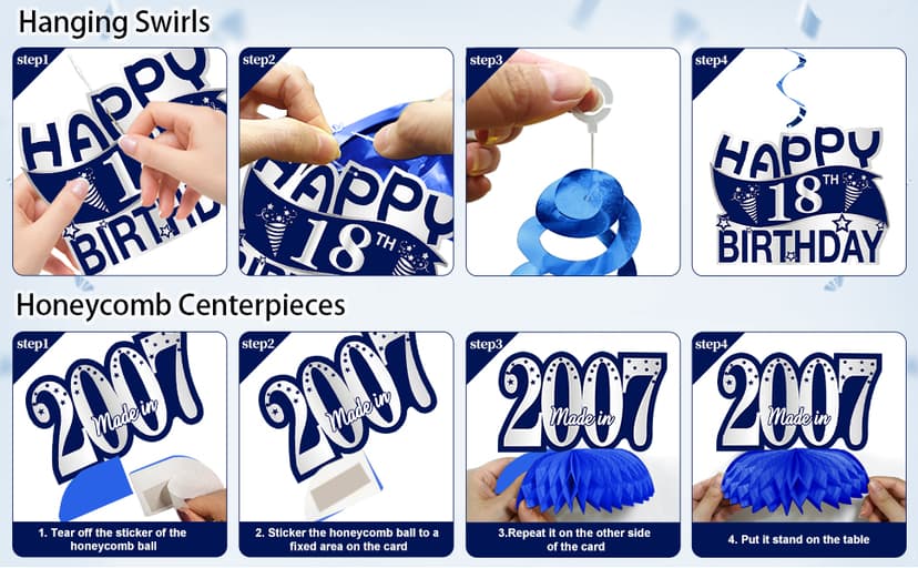 11Pcs 18th Birthday Decorations Kit for Boys Men, Blue Sliver Happy 18th Birthday Banner, Awesome Since 2007 Centerpieces Swirls Party Supplies, Eighteen Bday Banner Ceiling Table Topper Sign