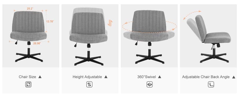 Sweetcrispy Criss Cross Chair Legged, Armless Office Swivel Desk Chairs No Wheels, Vanity Height Adjustable Wide Seat Comfy Cute Computer Task Seating for Home Bedroom, Grey