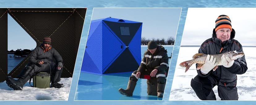 Garvee Pop Up Ice Fishing Shelter and Insulated Ice Fishing Tent with 49ft LED Light Strip, Windproof Portable Hub Design, Fits 1-8 People, 25-69 sq ft Fishable Area, Blue+Black