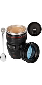 Camera Lens Coffee Mug,Travel Coffee Cup,Stainless Steel Lens Mug Thermos Camera Mugs with Lid and Spoon,Cool Gifts for Photographers Men and Women