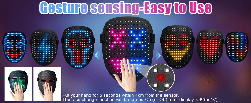 Gift for Halloween Costume Mask Birthday Christmas Cosplay, Rechargeable, 50 Glowing Patterns, Cool Toys For Kids Adults JDBMAOYE LED Light Up Mask with Gesture Sensing,Perfect Gifts for Teen Boys B0D9LZXPZ1