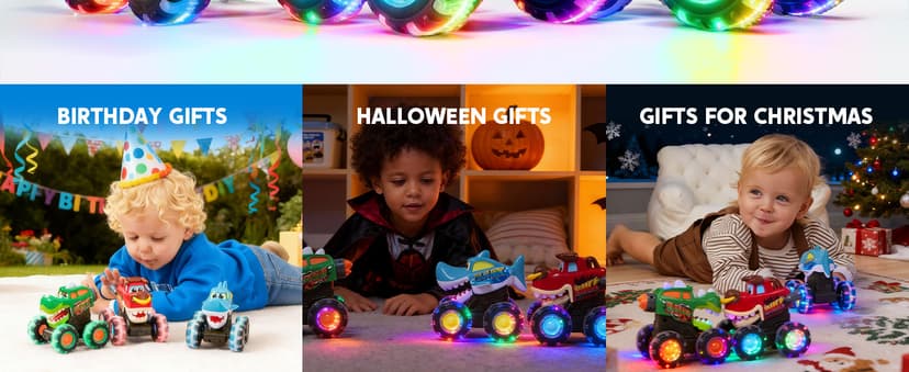 JOYIN 3 Pack Monster Truck Toy - Motion Activated Light Up Cars for Toddlers - Monster Glow Rover LED Wheels - Baby Boy Toys - Press and Go Dinosaur Trucks for Kids Boys Birthday Gifts for Christmas