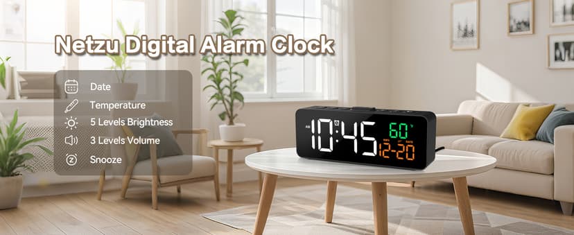 Netzu 3-in-1 Digital Clocks for Living Room with Temperature, Date & Time Display - 4 Levels Birghtness, 3 Volumes, Small & Compact Plug-in Alarm Clock for Bedroom, Office (Black)