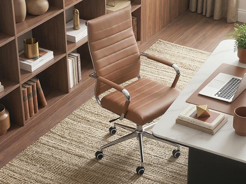 Okeysen Office Desk Chair, Ergonomic Leather Modern Conference Room Chairs, Executive Ribbed Height Adjustable Swivel Rolling Chair for Home Office. (Brown)